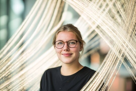 Caucasian young female smiling with glasses amidst light streaks