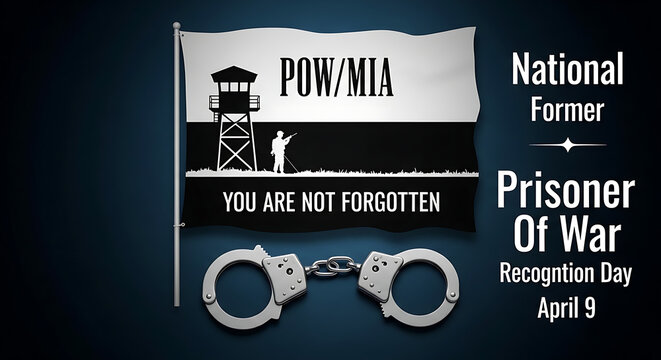 A dark blue &ldquo;POW/MIA&rdquo; recognition graphic reads &ldquo;National Former Prisoner Of War Recognition Day April 9&rdquo; with a POW/MIA symbol (rail-and-star/related emblem) and the slogan &ldquo;YOU ARE NOT FORGOTTEN,&rdquo;