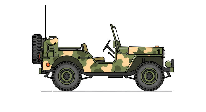 Camouflaged military jeep vector illustration in flat design; a vintage off-road vehicle with spare tire and antenna ready for adventures