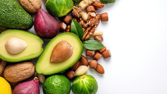 Fresh, healthy ingredients, including avocados, nuts, and vegetables, arranged on a white surface