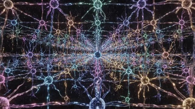 Exploring a virtual neural network with glowing connections and data pathways in an abstract digital landscape