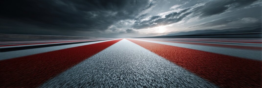 A dramatic racing track stretching towards a stormy horizon with dramatic clouds