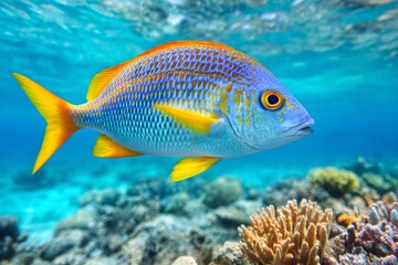 Fototapeta premium Colorful tropical snapper fish swimming underwater over coral reef