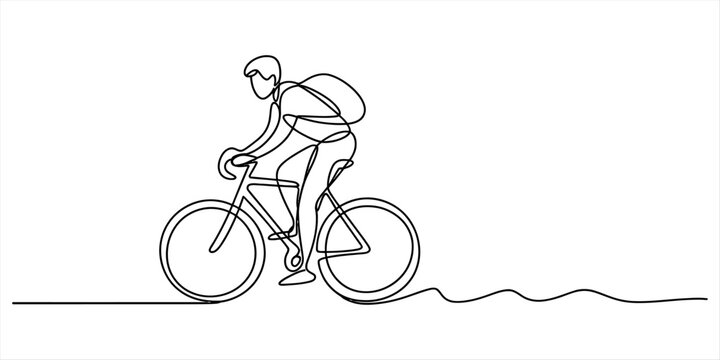 Single line drawing of a person riding a bicycle with a backpack on a white background Vector, illustration