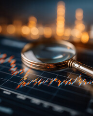Obraz premium Market Analysis Unveiled: A close-up shot of a magnifying glass on a digital screen displays a complex market chart, symbolizing investment, financial trends, and business data analysis.