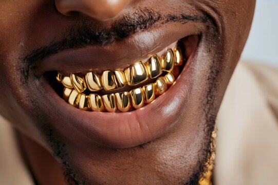 Man smiling with gold teeth grillz showing wealth