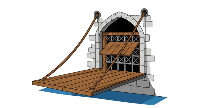 Cartoon illustration of a raised wooden drawbridge attached to a stone tower with a portcullis gate and metal grid over an archway