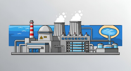 Fototapeta premium Cartoon nuclear power plant with cooling towers and reactor dome in gray with water cooling pond on a blue background illustration