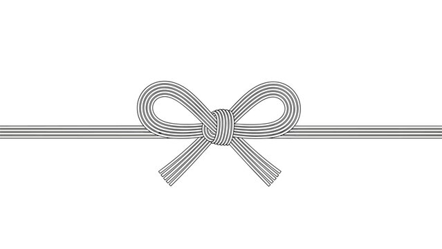 Traditional Japanese decorative knot called mizuhiki used for gifts and celebrations shown in a minimalist black and white line art style.