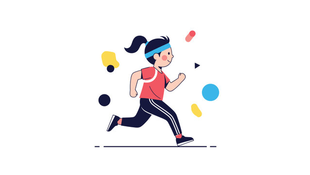 Active young girl with a ponytail and headband jogging with various colorful abstract shapes in the background for a fitness theme.