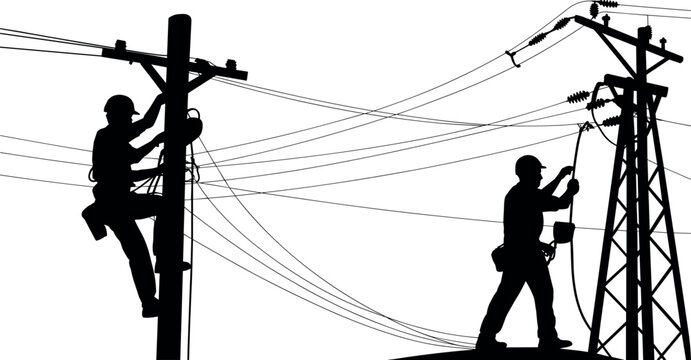 Electric utility workers silhouettes repairing power lines on poles and tower, electricians maintaining electrical network infrastructure, industry service and energy maintenance concept