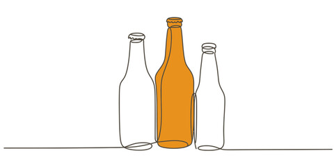 Line art illustration of empty beer bottles standing upright and tilted, minimalist continuous one line drawing of alcoholic drink containers. © JCS Graphic Design 