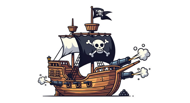 Cartoon pirate ship firing cannons with jolly roger flag in whimsical vector art style on white background for kids design