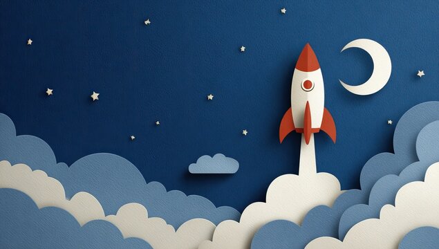 Paper rocket launches into starry night sky over fluffy clouds