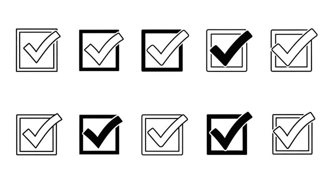Collection of Outline and Solid Checkmark Icons in Square Boxes on an Isolated White Background.