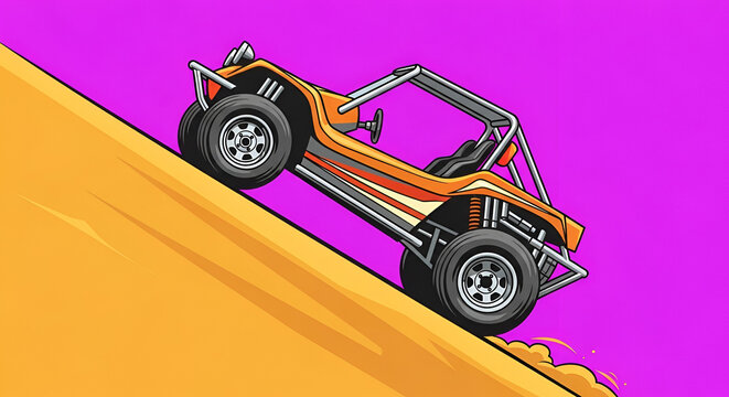 Cartoon-style orange dune buggy climbing a sand hill with black tires against purple backdrop in a dynamic upward shot