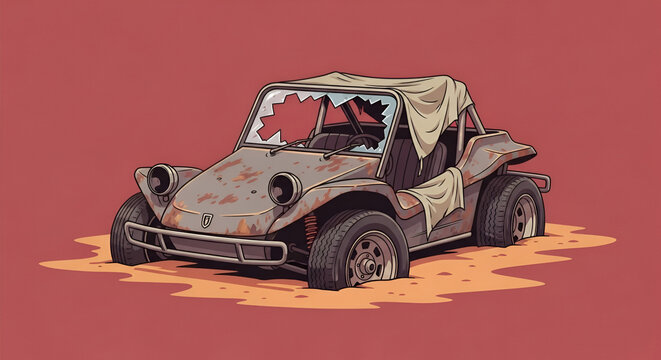 Cartoon-style rusty dune buggy with a broken windshield and tan cloth top stranded in a sandy desolate landscape