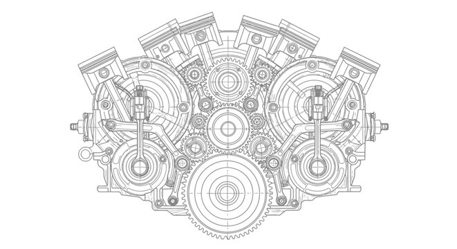 Intricate Outline Drawing of a V-Engine Internal Combustion Engine with Detailed Mechanical Parts on Isolated White Background