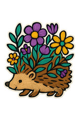 Obraz premium Charming hedgehog illustration with a bouquet of flowers on its back. Textured folk art style resembling an embroidered patch, perfect for cottagecore and crafting.