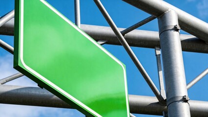 Naklejka premium A blank green road sign mounted on a metal frame against a clear blue sky. The sign is empty, allowing for customizable messages or directions.