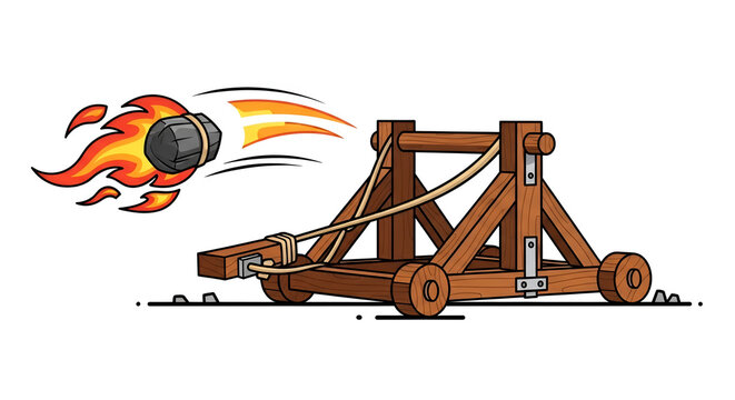 Cartoon trebuchet launching a flaming rock; wooden medieval catapult vector illustration with detailed textures and bright dynamic fire streaks
