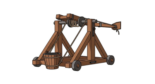 Cartoon wooden trebuchet siege engine illustration in brown tones; medieval catapult machine on wheels with bucket for launching projectiles