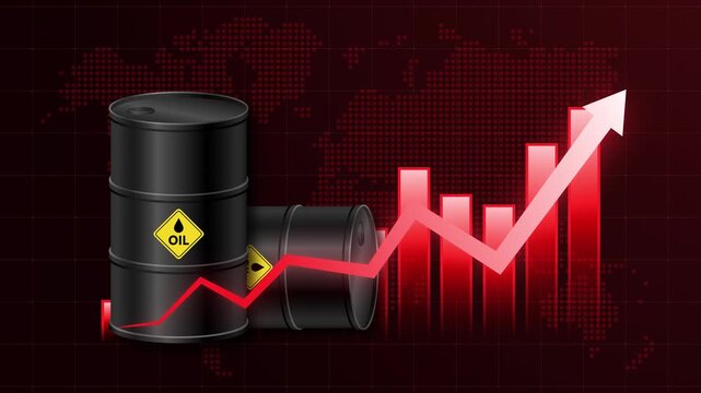 Crude oil price rise concept. Oil barrel with red chart and upward arrow. Illustrating energy crisis, oil price increase, inflation surge, market volatility, and supply disruption. 4K animation