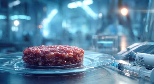 Lab-grown meat patty on petri dish with syringes in futuristic setting