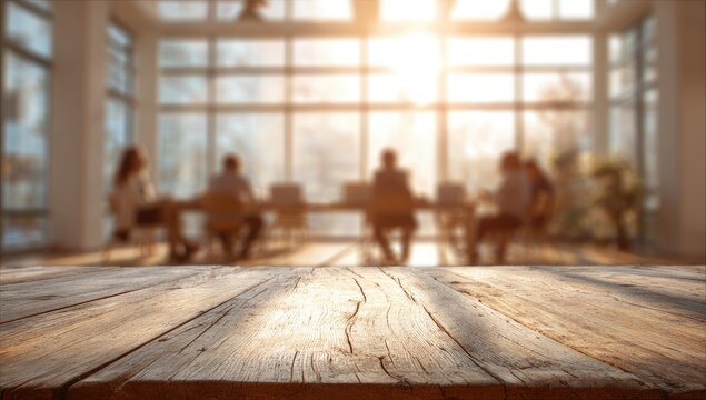 A sunlit conference room with people seated around a long table, foreground table