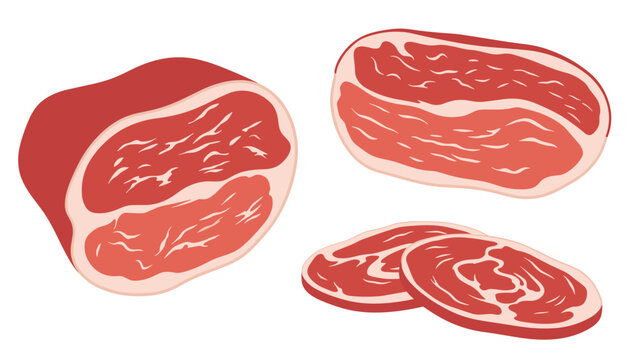 Raw meat cuts and fresh beef slices displayed on a clean white background for culinary and butcher shop marketing concepts.
