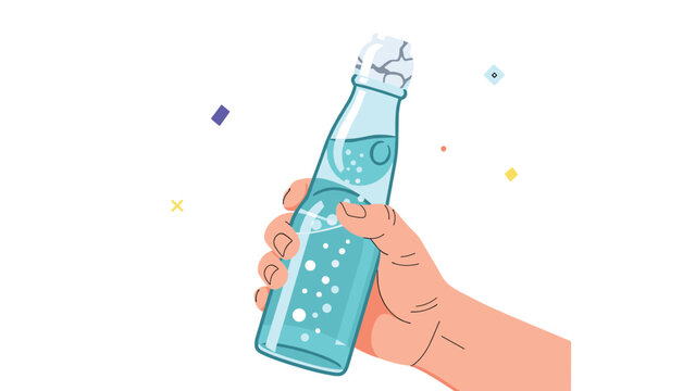 Human hand holding a bottle of sparkling blue soda with a marble stopper, representing traditional japanese ramune refreshment drinks.