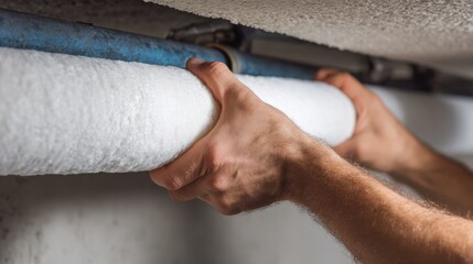 Naklejka premium Hands insulating a pipe with white foam insulation material against a textured ceiling