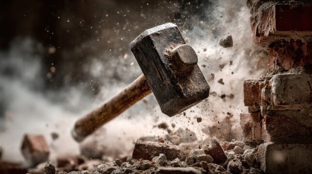 A heavy sledgehammer striking a crumbling brick wall with dust and debris scattering in a dynamic motion