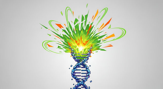 Colorful exploding DNA molecule illustration in cartoon style; genetic code crack concept with vibrant green orange and blue hues