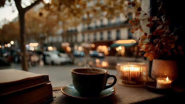 Spring Summer outdoor leisure relaxation activity. A moody, atmospheric photograph captures a serene outdoor cafe scene. A cup of steaming coffee sits on a wooden table.