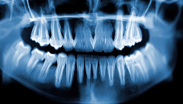Panoramic dental x-ray shows healthy upper and lower teeth, jawbone structures