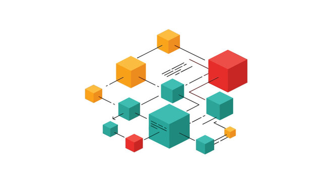 Abstract network of interconnected digital cubes representing data flow and blockchain technology concept on a white background