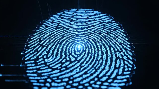 This content shows a futuristic visualization of a fingerprint scan in blue light on a dark background, often used in crime investigations and forensic analysis for identification and verification