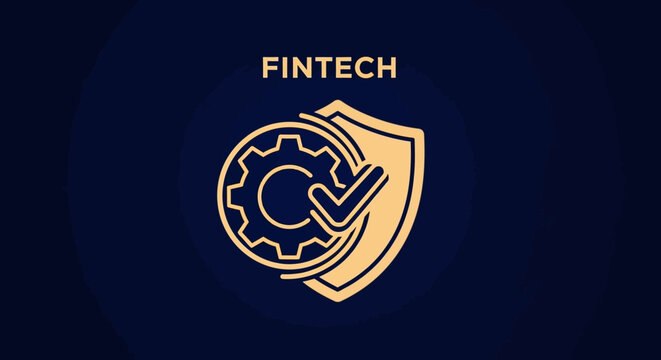 Abstract Fintech concept with a gear, checkmark, and shield on a dark blue background, representing digital safety and secure financial technology, suitable for web design and business.
