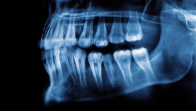 A panoramic dental x-ray shows the upper and lower rows of teeth and jawbones