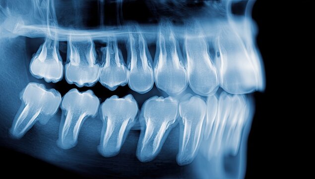 X-ray view of human teeth in jawbone, showing molars and premolars
