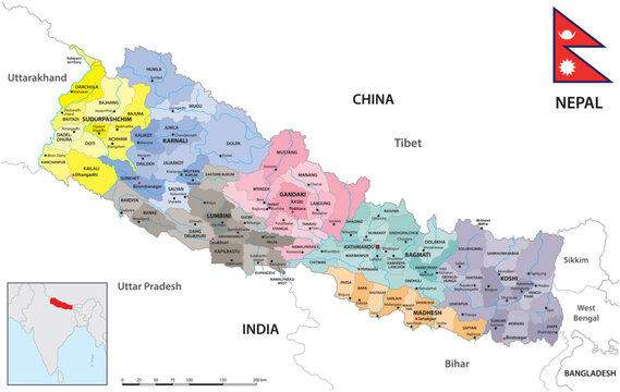 Detailed administrative map of the Asian Himalayan state of Nepal