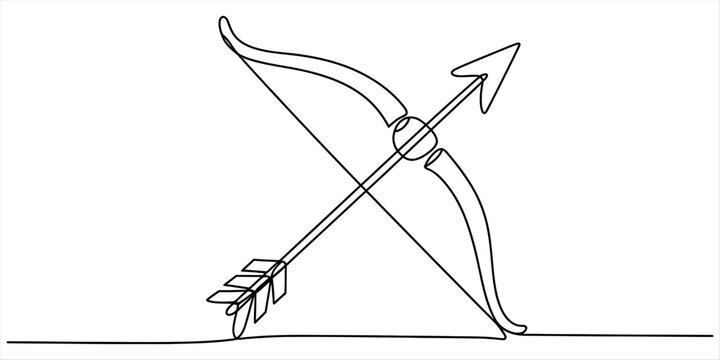 Minimalist continuous line drawing of a classic bow and arrow for archery and hunting Vector, illustration