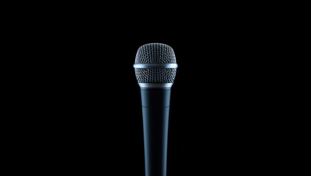 Professional dynamic microphone with mesh grille on a black background, studio equipment