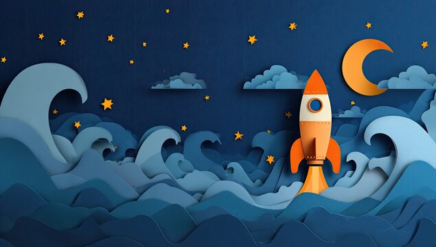 Paper rocket launches through stormy waves under starry crescent moon night