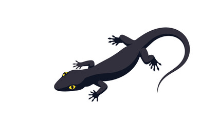 Obraz premium Sleek black lizard with bright yellow eyes and a long tail crawling diagonally across a clean white background.
