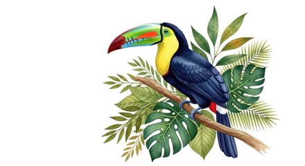 Fototapeta premium Vibrant toucan perched on a branch amidst lush tropical foliage