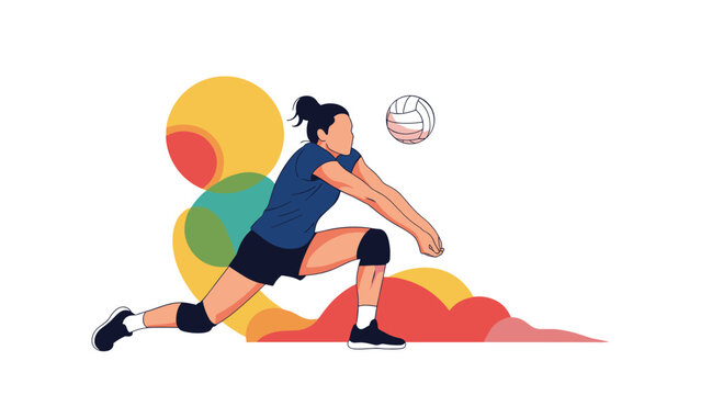 Female athlete performing a defensive dig in a volleyball match set against a background of vibrant colorful circular graphic shapes.