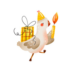 Fototapeta premium Funny goose with gift box and candle in party hat hand drawn illustration great for birthday party kids celebration baby shower holiday greeting card