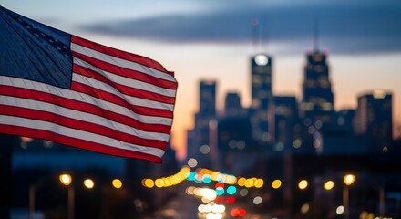 Naklejka premium American flag waving in front of a city skyline at sunset